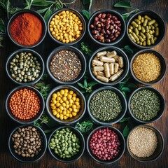 Fototapeta premium Assorted grains, seeds, and supplements in small bowls