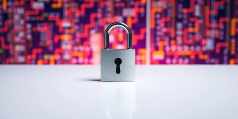 Sleek metallic lock on a white desk, symbolizing digital data security, code, digital