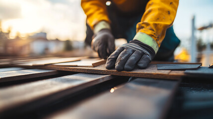 Construction Worker Handling Metal Sheets