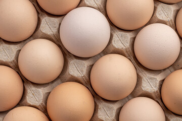 Brown eggs stacked in rows.Group of Fresh white Eggs in a cardboard cassette. Organic food from nature good for health.