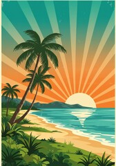 Fototapeta premium Vibrant Tropical Sunset Beach Scene with Palm Trees