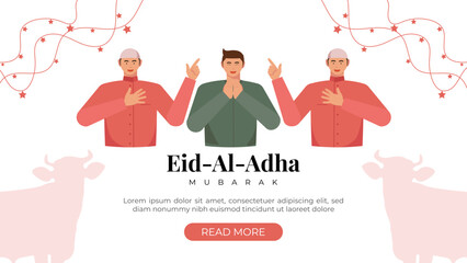 Obraz premium Eid al-Adha Celebration Background with Muslim man Character Illustration. Islamic Feast, Animal Sacrifice