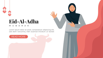Eid al-Adha Celebration Background with Muslim Character Illustration.