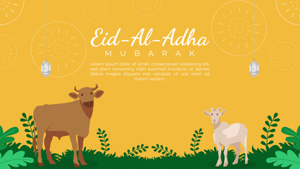 Eid al-Adha Celebration Background with Cow and goat Character Illustration.