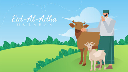 Eid al-Adha Celebration Background with Muslim Character Illustration.