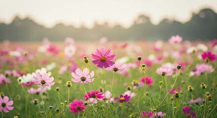 Fototapeta premium Vibrant Cosmos Flowers Blooming in Sunlit Meadow with Soft Natural Light in Early Summer