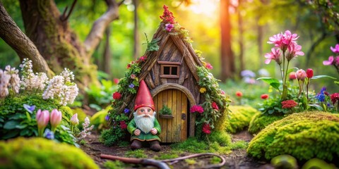 Fototapeta premium A garden gnome sits at the entrance of a miniature house made of roots and twigs, surrounded by lush greenery and vibrant flowers