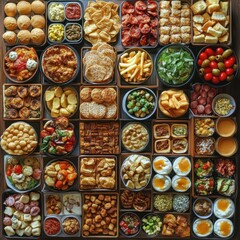 Diverse array of small dishes, appetizers, and snacks