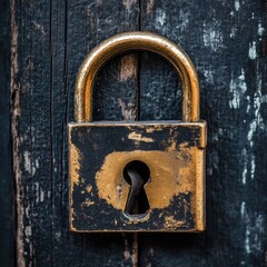 Antique padlock on weathered wooden door
