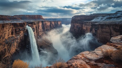 Dramatic waterfall cascading into a canyon under a stormy sky.