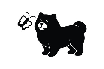 Silhouette art illustration of a Chow Chow puppy trying to catch a butterfly.eps