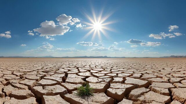 a cracked earth scene under a bright sun with a few clouds in the sky. It evokes the emotion of drought and climate change