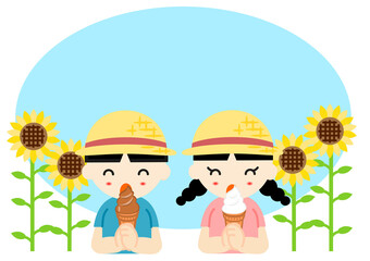 ひまわり畑でソフトクリームを食べる男の子と女の子