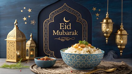 Luxurious Eid Mubarak Card Design with Golden Lanterns and Crescent