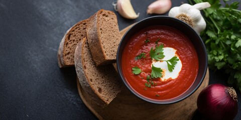 A hearty bowl of tomato soup with herbs, served with slices of rustic brown bread on a wooden board.