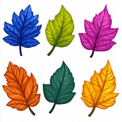 Obraz premium Six vibrant leaves in various colors against a white background. Each leaf displays intricate details and unique hues, ranging from deep blues and greens to bright oranges and pinks.