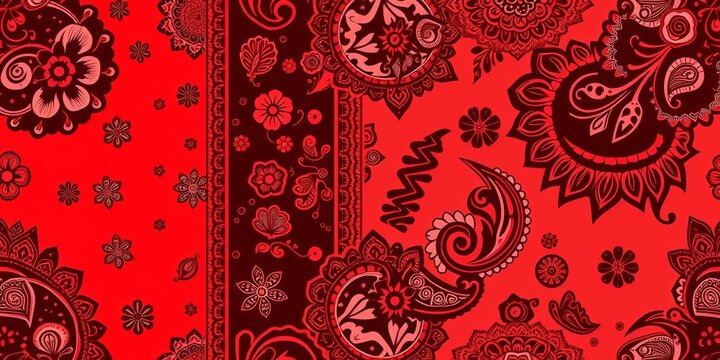 Abstract paisley patchwork red bandana vector seamless pattern, red, textile