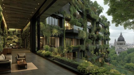 Green Building with Lush Vertical Facades and Rooftop Gardens Surrounded by Nature