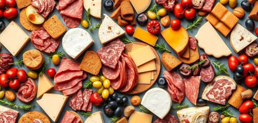 A delightful seamless pattern featuring an assortment of charcuterie board items, including cheeses, meats, fruits, and bread, ideal for wine pairings, italian, fingerfood