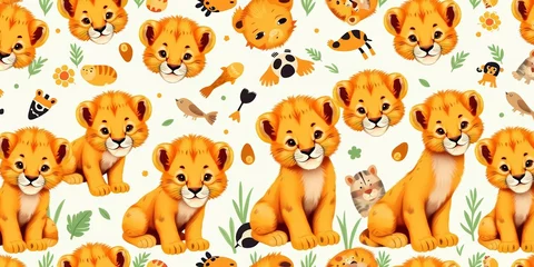 Adorable lion cubs and safari animals in a playful seamless pattern, wallpaper, kids