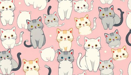 Adorable pastel house cats in a playful seamless pattern on a soft pink background, animal, soft