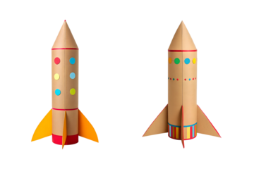 Two cardboard rocket ships standing side by side against a  transparent background