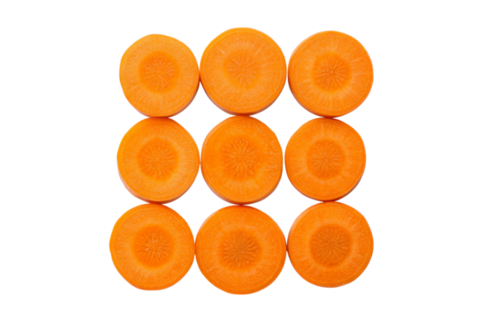 Closeup of Sliced Carrots Arranged in a Grid Pattern on  transparent background