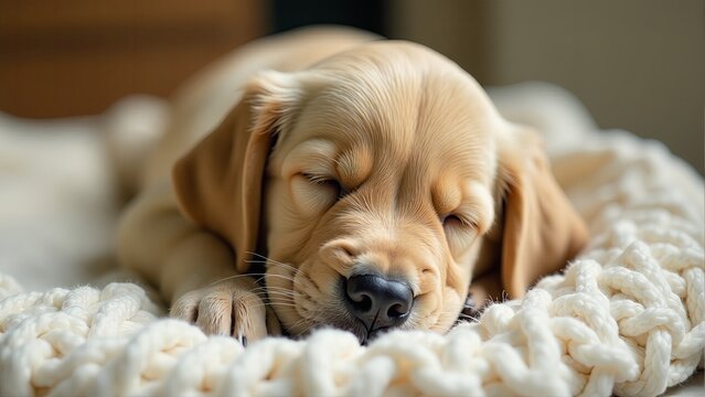 Sleeping Golden Labrador Puppy On Blanket