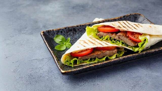 Fresh Grilled Beef Wrap with Lettuce and Tomato on Dark Plate for Culinary Design Generative AI