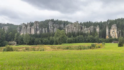 Fototapeten Khaki Adrspach-Teplice Rocks, sandstone formations in Hradec Kralove Region in Czech Republic, Europe. A dramatic landscape of unique rock formations amidst a lush green meadow, under a cloudy sky above.  © Viliam