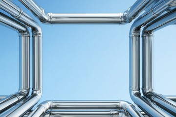 Piping and sky architecture: A modernistic, symmetrical arrangement of shining metallic pipes forms an intriguing frame against a bright blue sky, offering a glimpse into an industrial network.