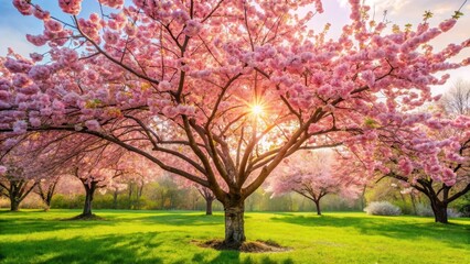 Fototapeta premium A blooming cherry blossom tree in full bloom, trees, garden