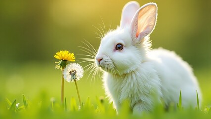 White Rabbit With Dandelions In Grass