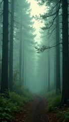 Obraz premium Vintage-styled photo, misty fir forest, muted tones, calm, foggy, exploration