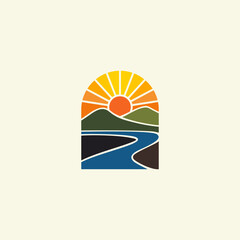 A vibrant, modern illustration of a landscape, featuring a sun, mountains, and a river in a stylized format. Perfect for nature-themed designs