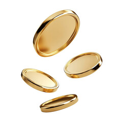 Floating gold coins in motion, isolated on transparent cutout background