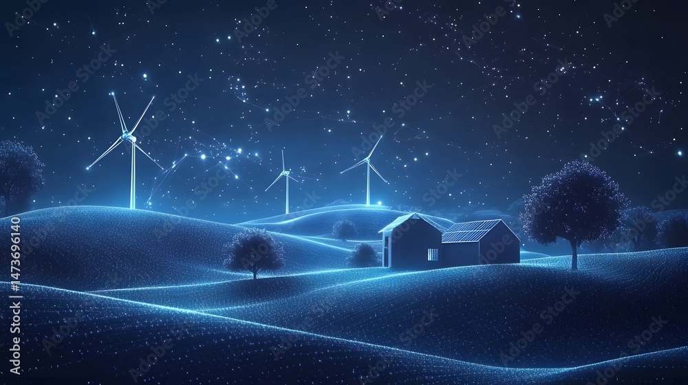Aufkleber a tranquil, futuristic landscape unfolds under a starlit night. windmills stand against rolling hill