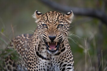 Naklejka premium Close-up of a majestic leopard showcasing its fierce gaze in a natural setting.