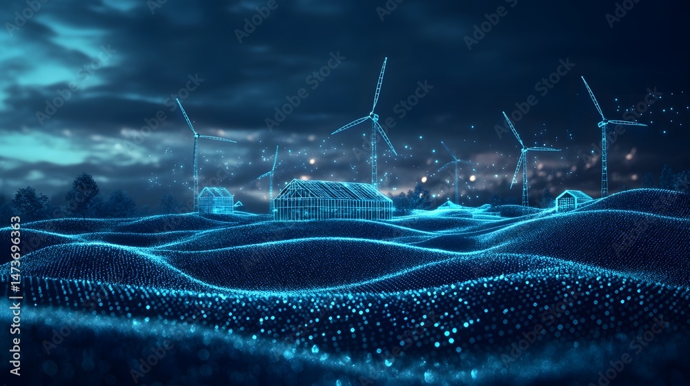 Aufkleber futuristic digital landscape with blue wireframe structures under a cloudy sky. wind turbines sugges