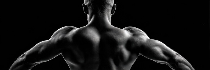 Obraz premium Muscular Back Flexed Under Spotlight, Showcasing Strength and Definition in a Dramatic Black and White Setting