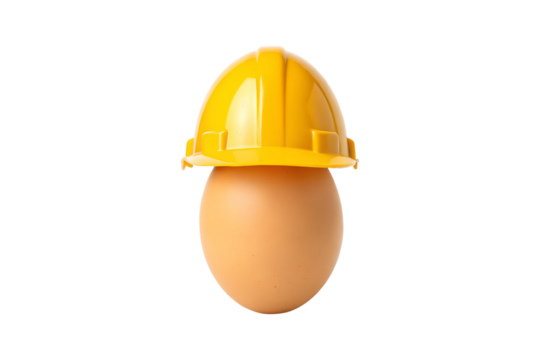 Humorous depiction of an egg wearing a yellow construction hard hat on transparent background