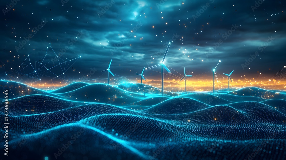 Poster futuristic landscape with blue wind turbines on dotted hills under a stormy sky with geometric patte