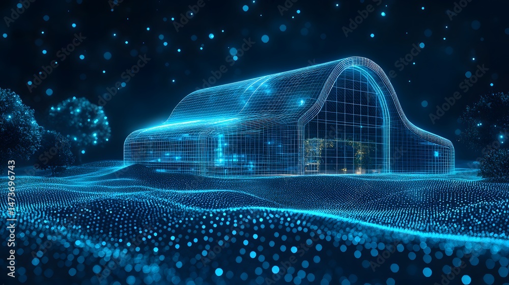 Poster Futuristic barn rendered as a glowing blue wireframe, nestled on a digital landscape of luminous dots. Vegetation and trees hinted within the structure. Abstract wireframe in dark blue.