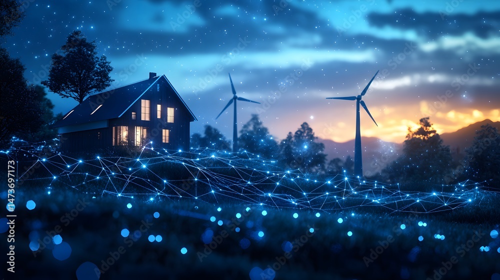 Poster a modern home merges with nature under a vibrant sky. energy flows through digital networks, connect