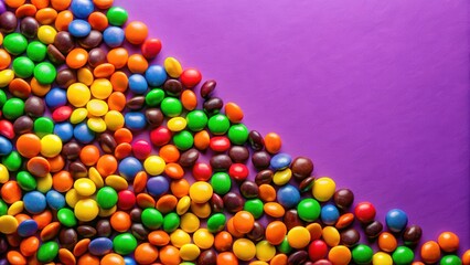 A colorful array of chocolate M&Ms candies scattered on a vibrant purple background with bright orange and yellow hues, confectionery, chocolates