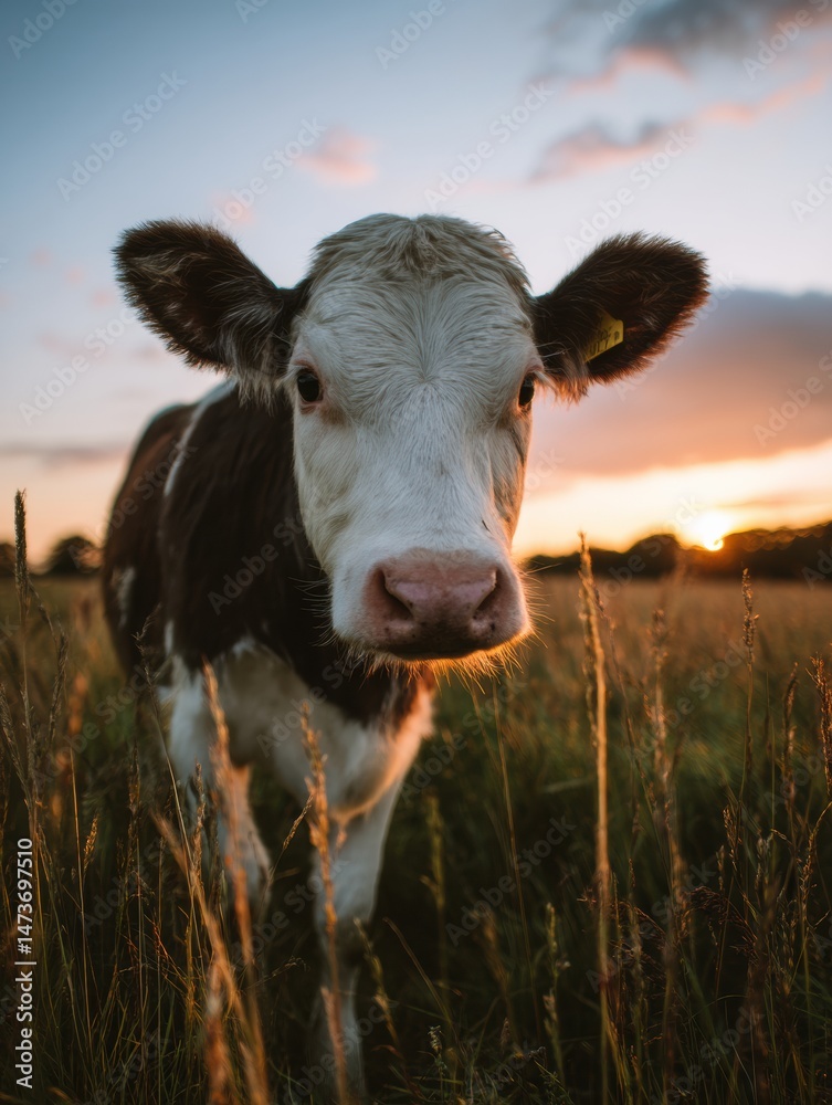 Leinwandbilder cow stands in field at sunset with blurred grass in foreground creating a serene atmosphere in the c