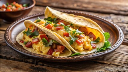 A pancake taco filled with scrambled eggs, crispy bacon
