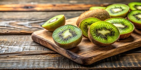 Fresh sliced kiwi fruit on a rustic wooden cutting board with cracks and imperfections , fruit, food,  fruit