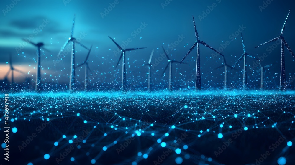 Poster Twilight illuminates wind turbines as digital networks overlay, connecting energy with technology. A visual metaphor for sustainable innovation. Abstract wireframe in dark blue.