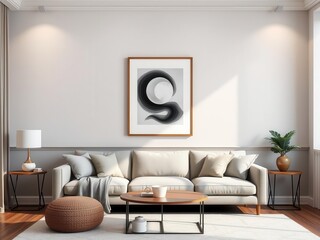 Modern living room with a wall art mockup featuring a trendy print displayed above a cozy sofa, trendy, home, lifestyle